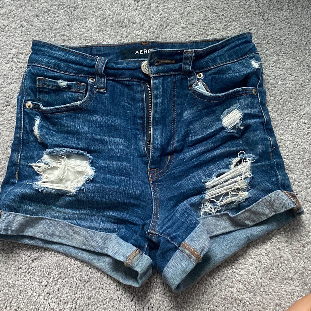 Aeropostale super high rise midi dark denim shorts, size 00